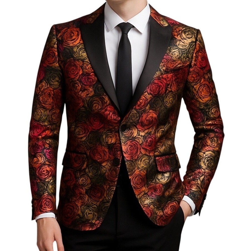 Lanzino Mens Floral Rose Jacquard Blazer Metallic Tuxedo Jacket Peak Lapel Multi